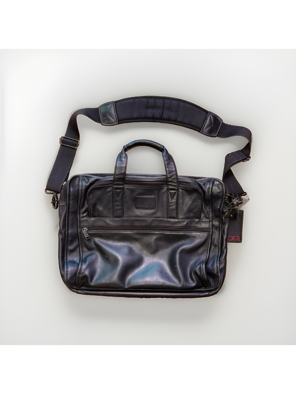 TUMI Black Leather Expandable Laptop Briefcase Business Bag Shoulder Strap